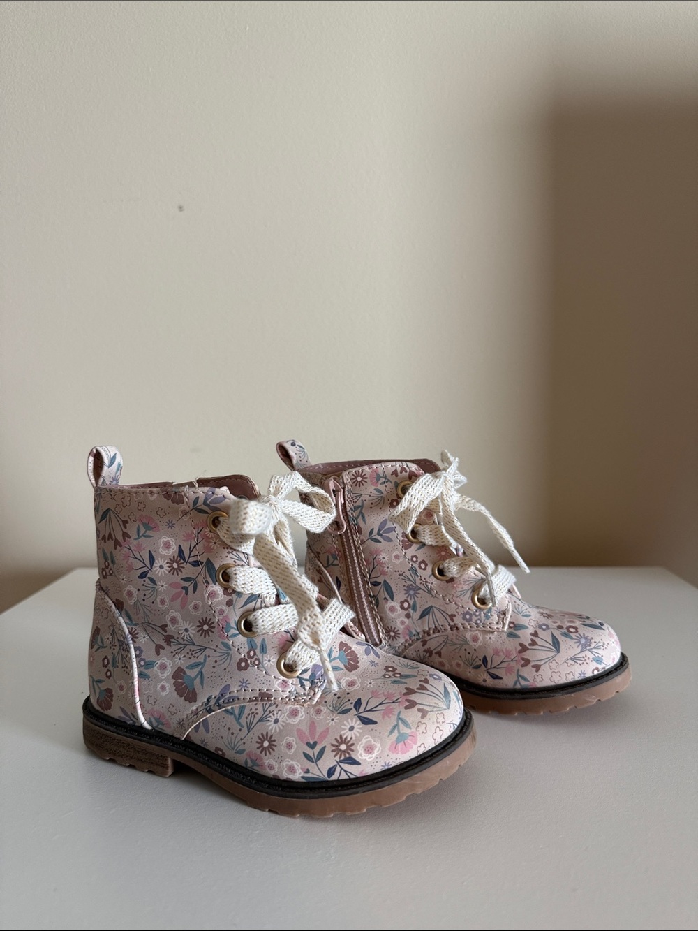 Girls Floral Lace-Up Ankle Boots - Pink